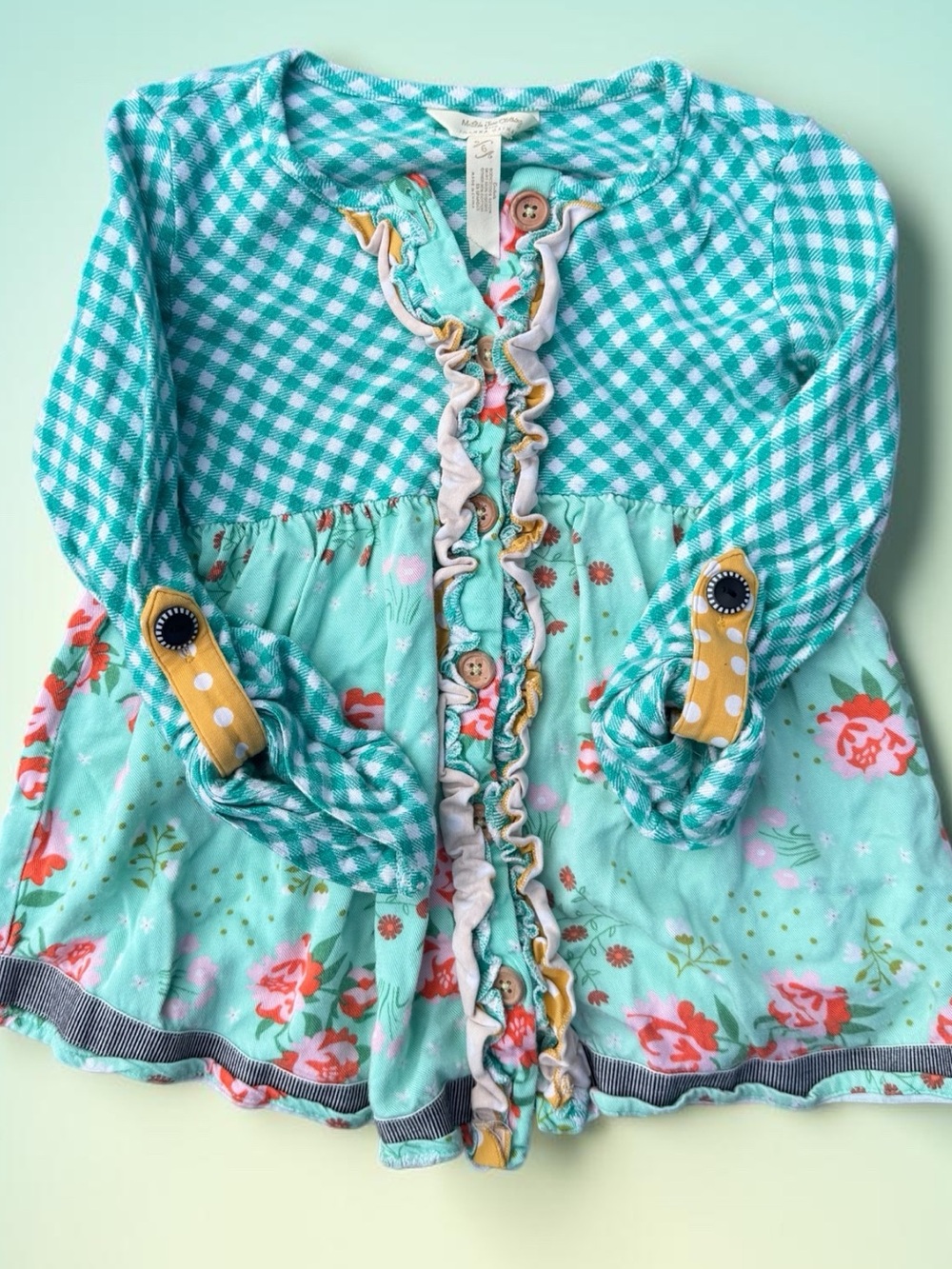 Matilda Jane with Joanna Gaines pecan pie' Teal Floral & Gingham tunic